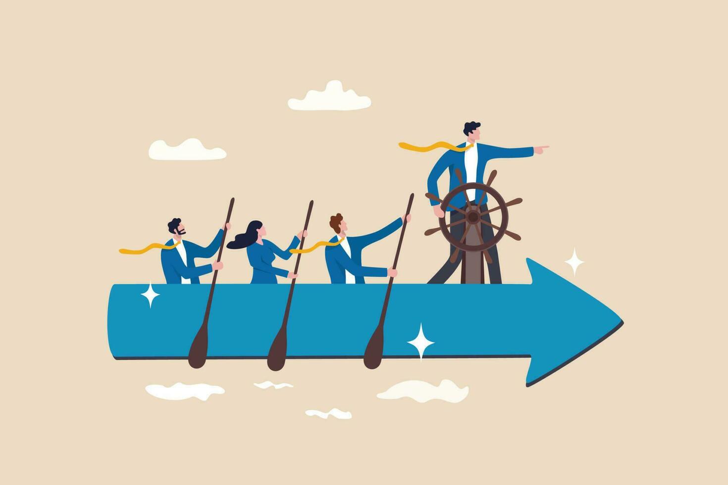 Leadership to lead team to the right direction, employee teamwork to help success, manager to motivate team or company to move forward concept, businessman manager lead people teamwork sailing arrow. vector