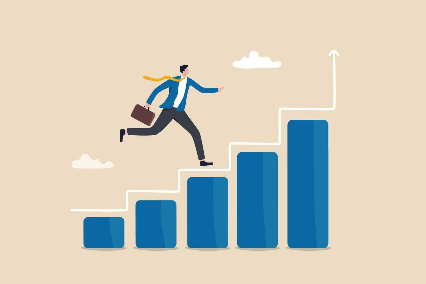 Progress or improvement to success, step forward to grow business, journey to achieve goal, ambition or career path concept, businessman walk up growth chart and graph with stair to success. vector