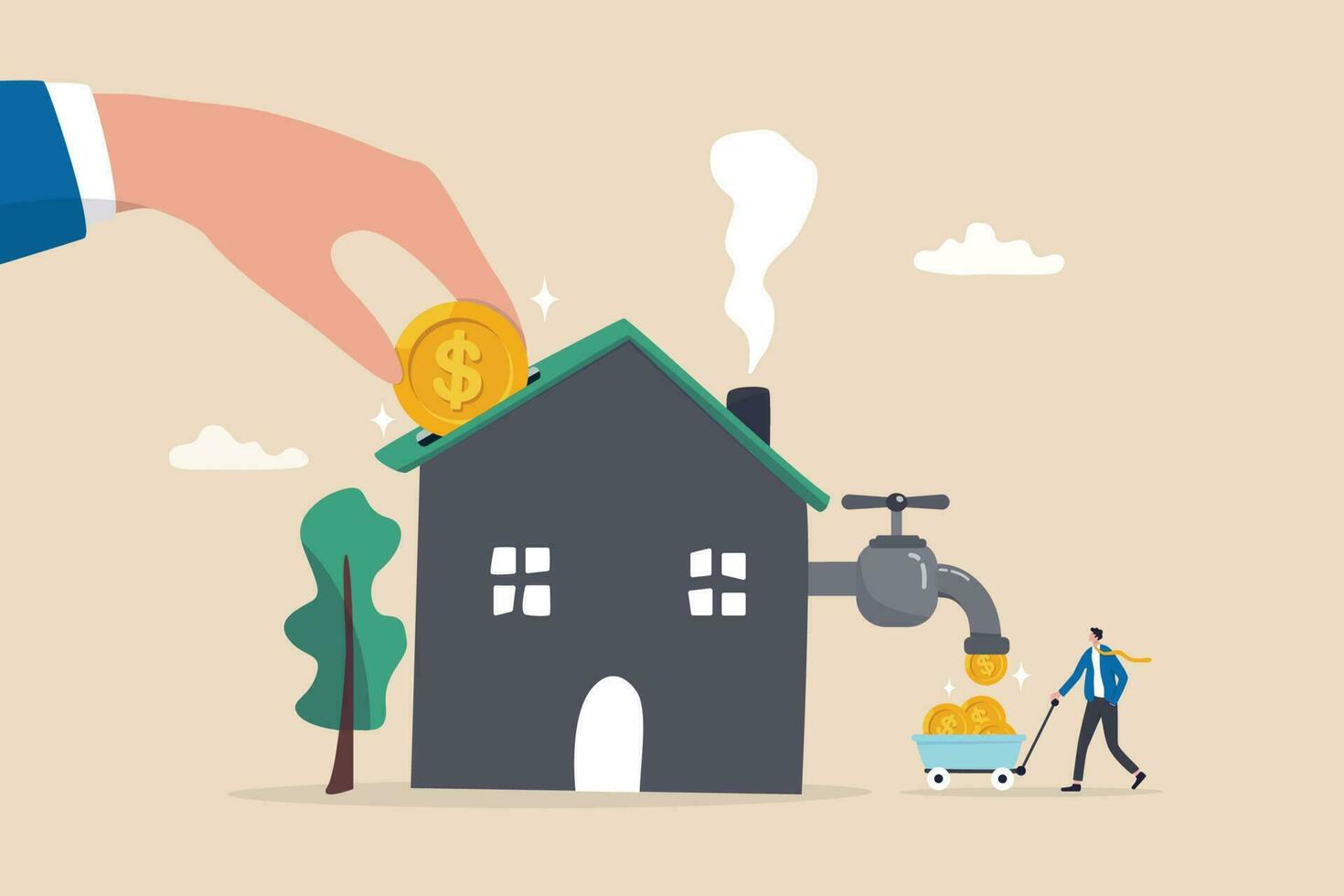 Property or real estate investment, buy a house for rental profit, ROI, return on investment or mortgage, house ownership or investing opportunity concept, businessman hand put coin with money return. vector