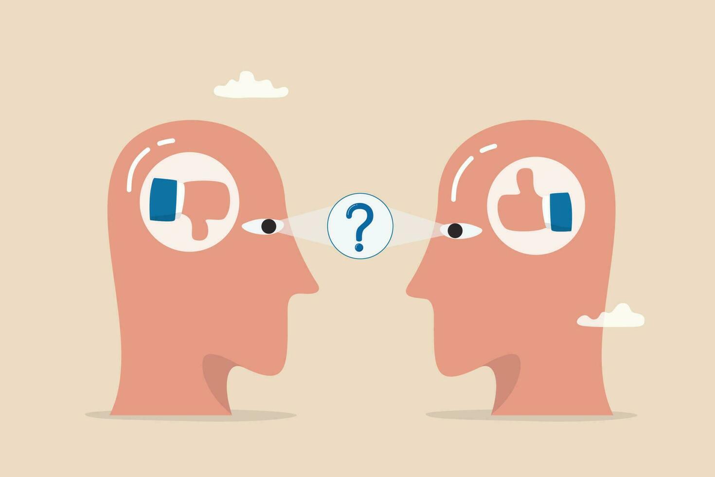 Perception process to interpret information, though or opinion depend on personality or perspective, difference bias or illusion concept, human head looking at object with difference perception. vector