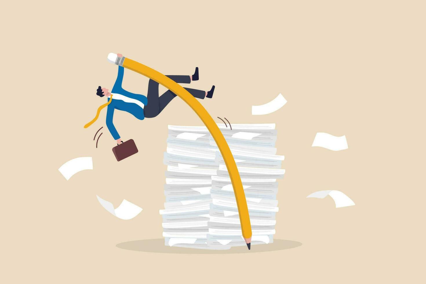 Efficiency or productivity to finish work, manage busy workload or paperwork, project documents or overcome exhausted or challenge concept, businessman jump pole vault over busy document paper. vector