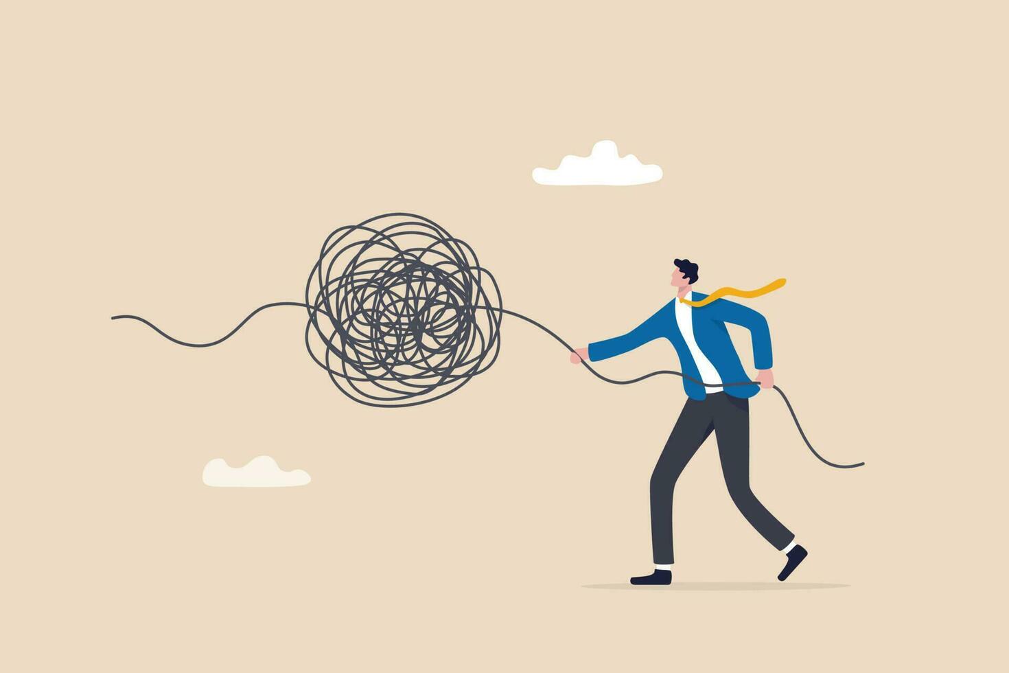 Unravel tangle problem, solving difficult knot chaos or messy issue, complicated or complex problem difficulty, confusion or business trouble concept, businessman manager unravel tangled rope. vector