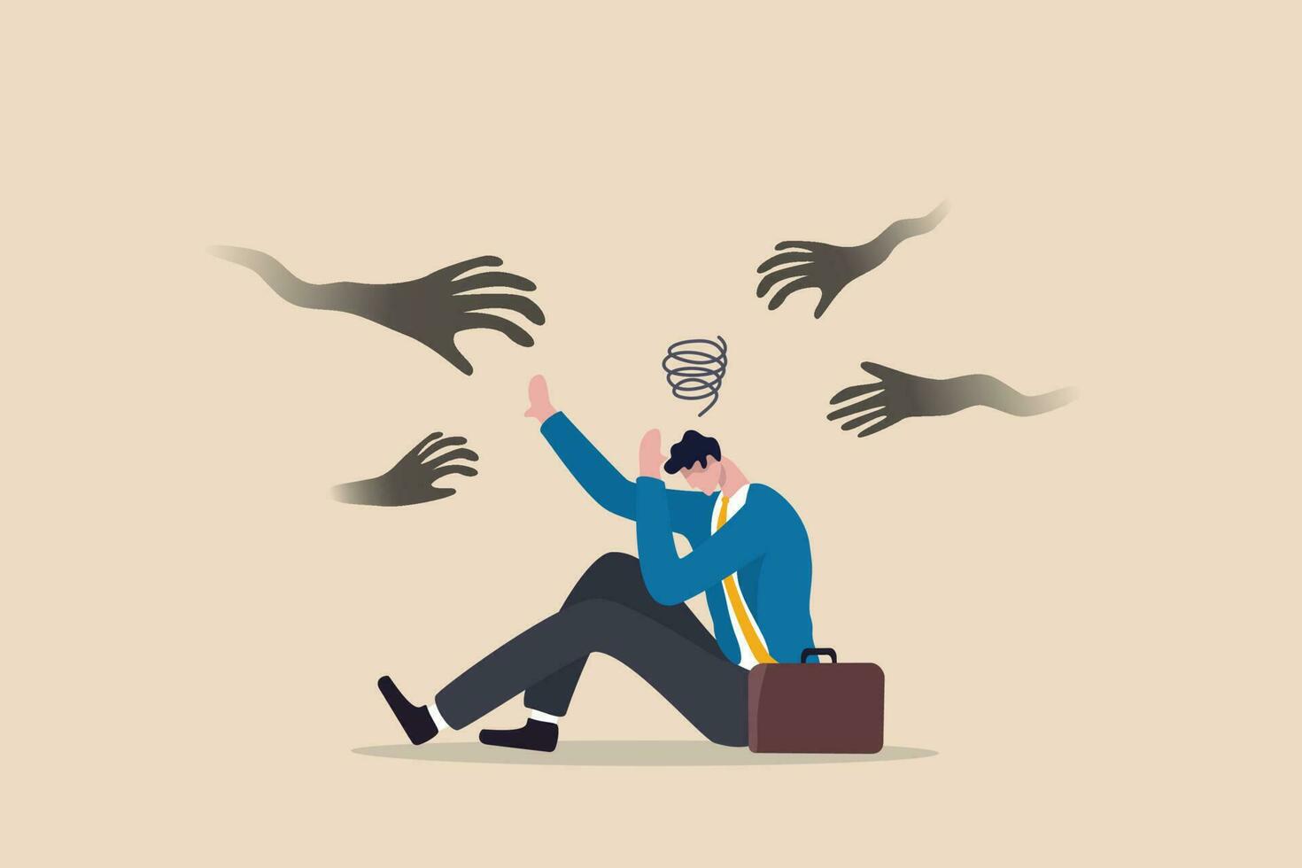 Fear or afraid of failure, struggle or shackle, feeling depressed or disorder, phobia, anxiety or stressed burnout or negative thinking concept, fearful businessman sitting with evil hand threaten. vector