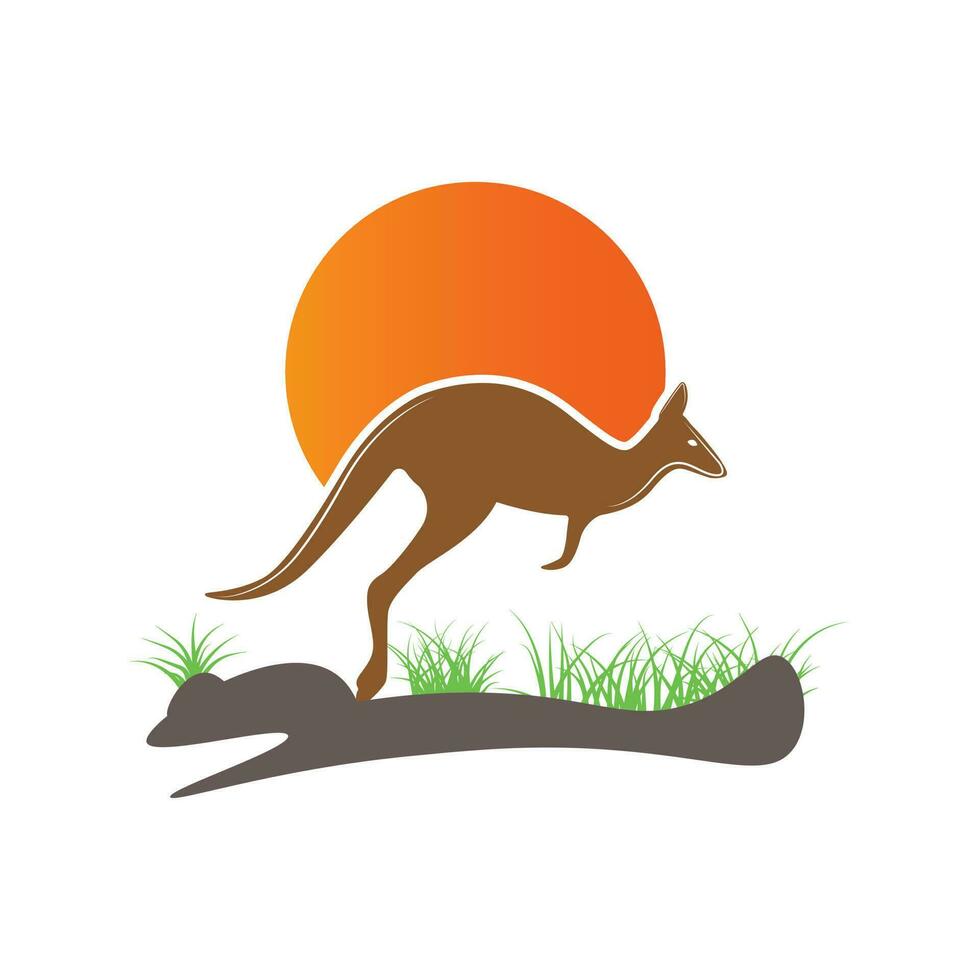 Kangaroo jumping logo template vector illustration with sun icon and running on grass.