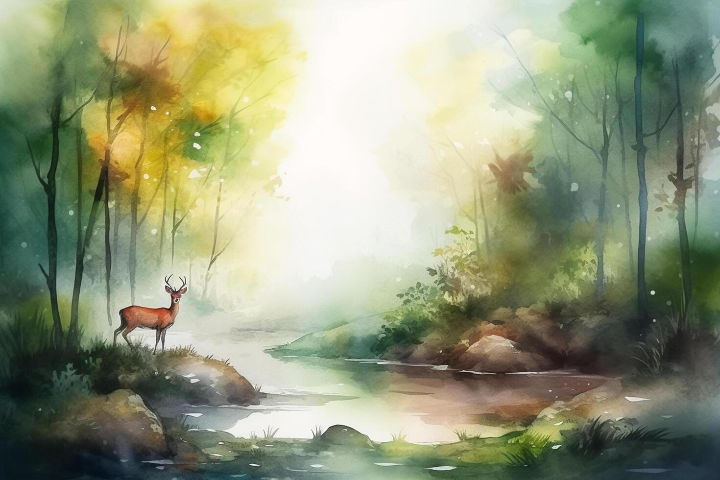 Gentle Encounter A Watercolor Painting of a Deer by a River in a Forest photo