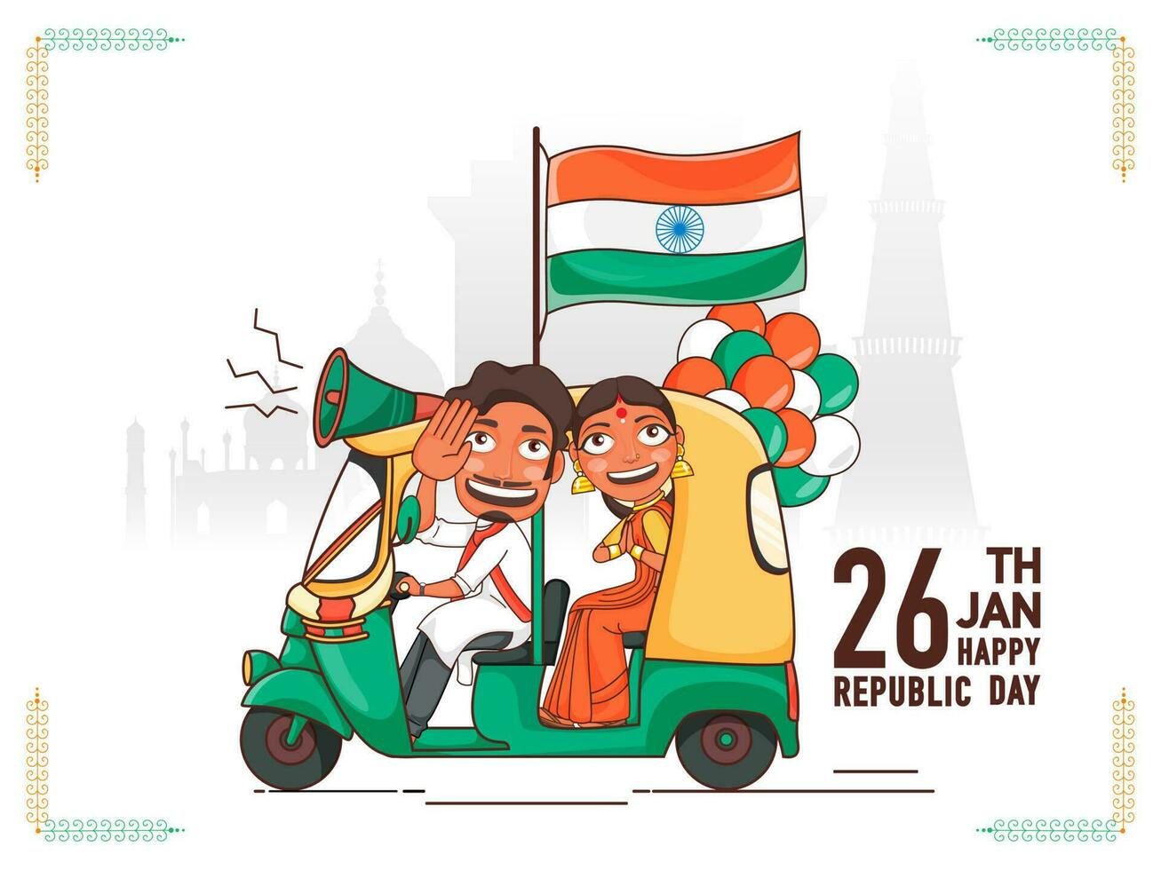 Cheerful Auto Taxi Driver and Woman doing Greeting of 26th January Republic Day with Wavy Indian Flag, Tricolor Balloons on India Famous Monuments Background. vector