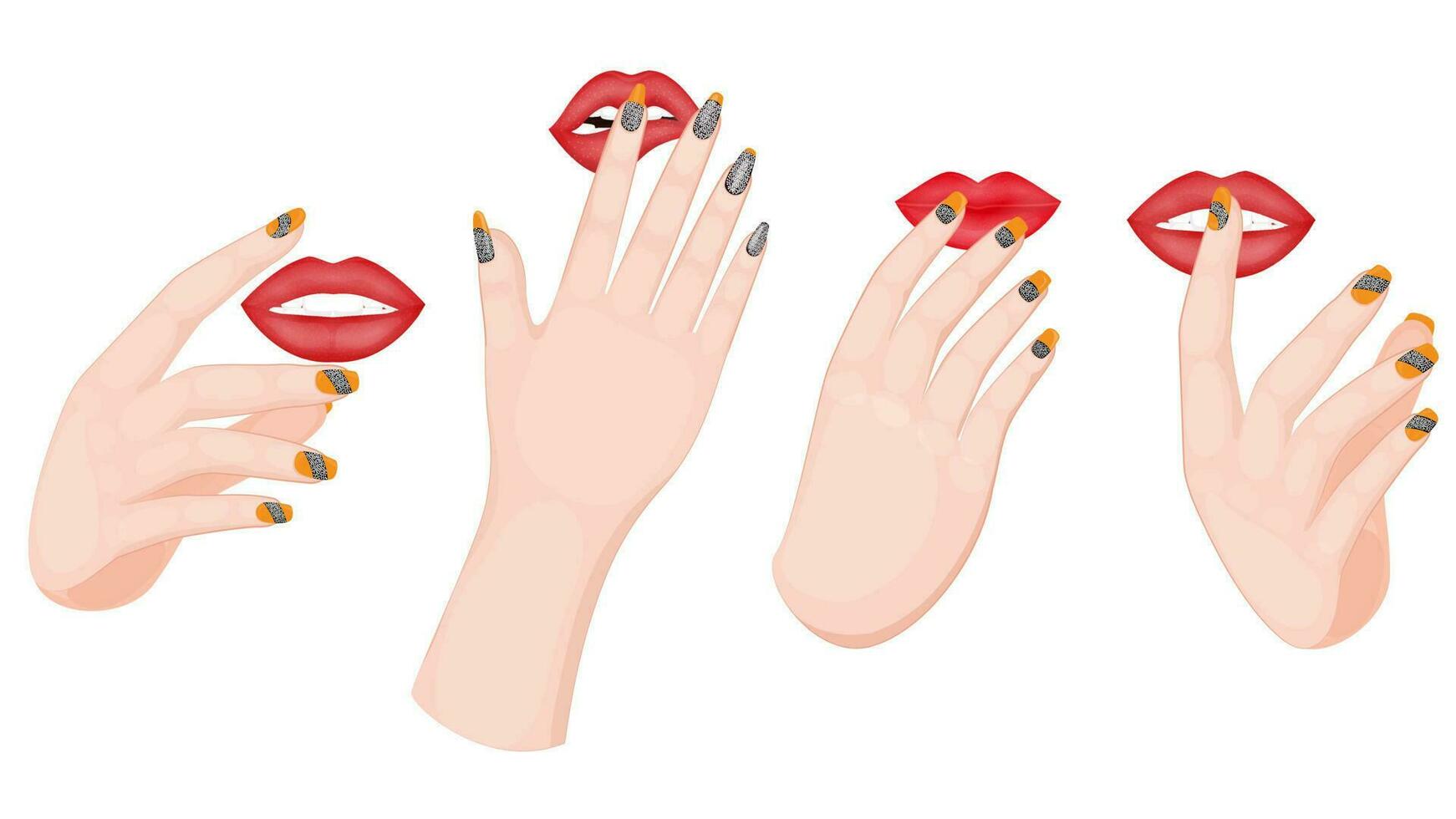 Female manicure hands touching lips in different style. vector