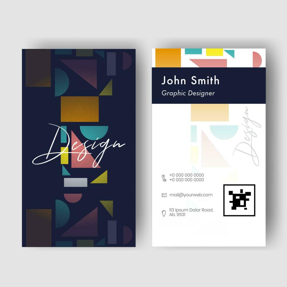 Front and back view of vertical business card design with geometric elements for Graphic Designer. vector