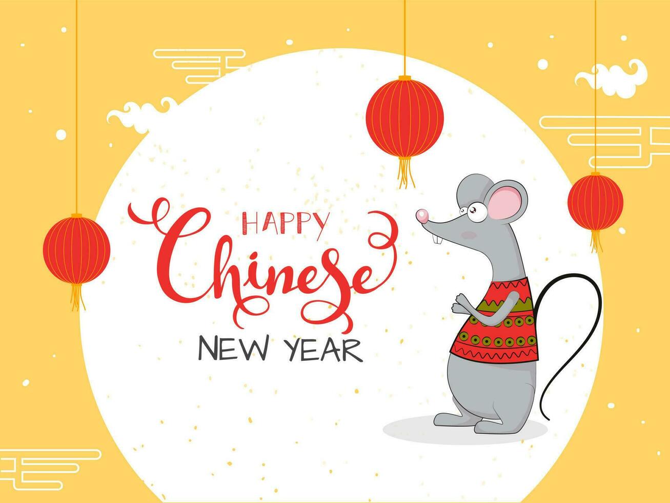 Happy Chinese New Year Text with Rat Cartoon and hanging Lanterns on Yellow and White Background. vector