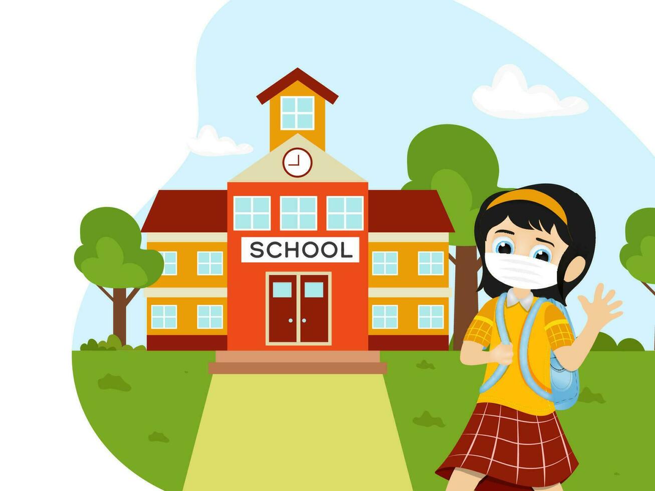 Cute Student Girl Wear Medical Mask in Front of School Building on Abstract Nature Background. vector