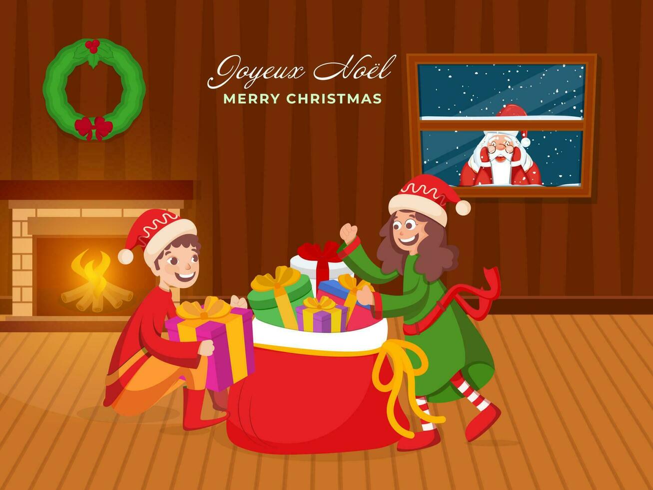 Santa Claus Peeking Through Window With Cheerful Kids Character, Gifts Sack And Fireplace In Interior View For Merry Christmas. vector