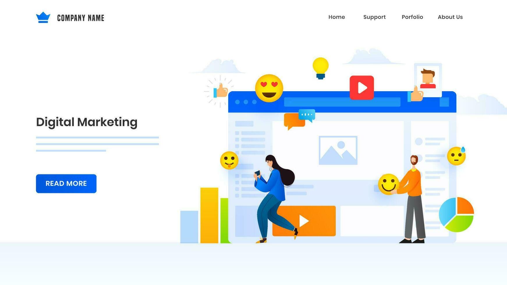 Digital Marketing concept based landing page design with man and woman using online social media elements. vector