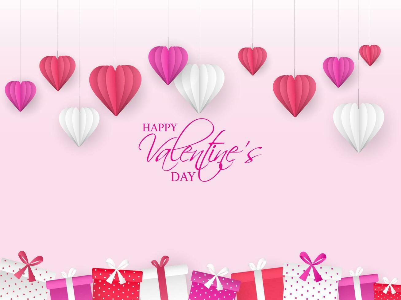 contento San Valentín día celebracion concepto con colgando papel cortar corazones y regalo cajas decorado en rosado antecedentes. vector