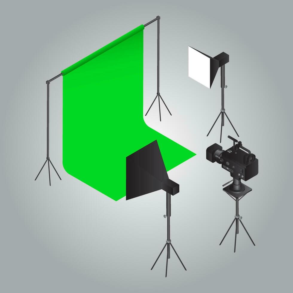 Film shooting object like as green curtain with studio light and video camera on gray background. vector