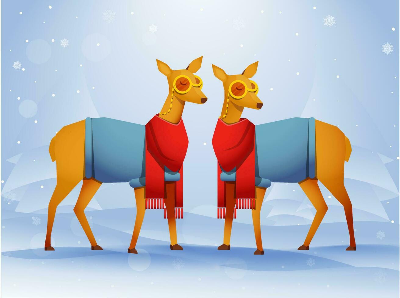 Pair of Deer character wearing clothes with paper cut xmas tree on blue snowy background. vector