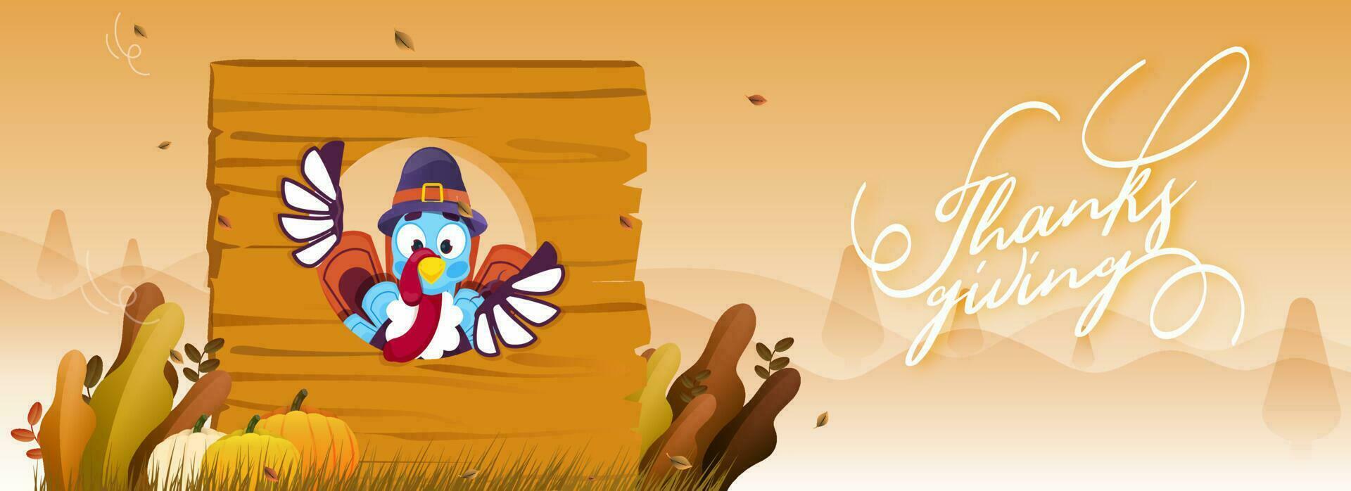 Calligraphy of Thanksgiving with turkey bird, wooden board and pumpkins on nature landscape background. Header or banner design. vector