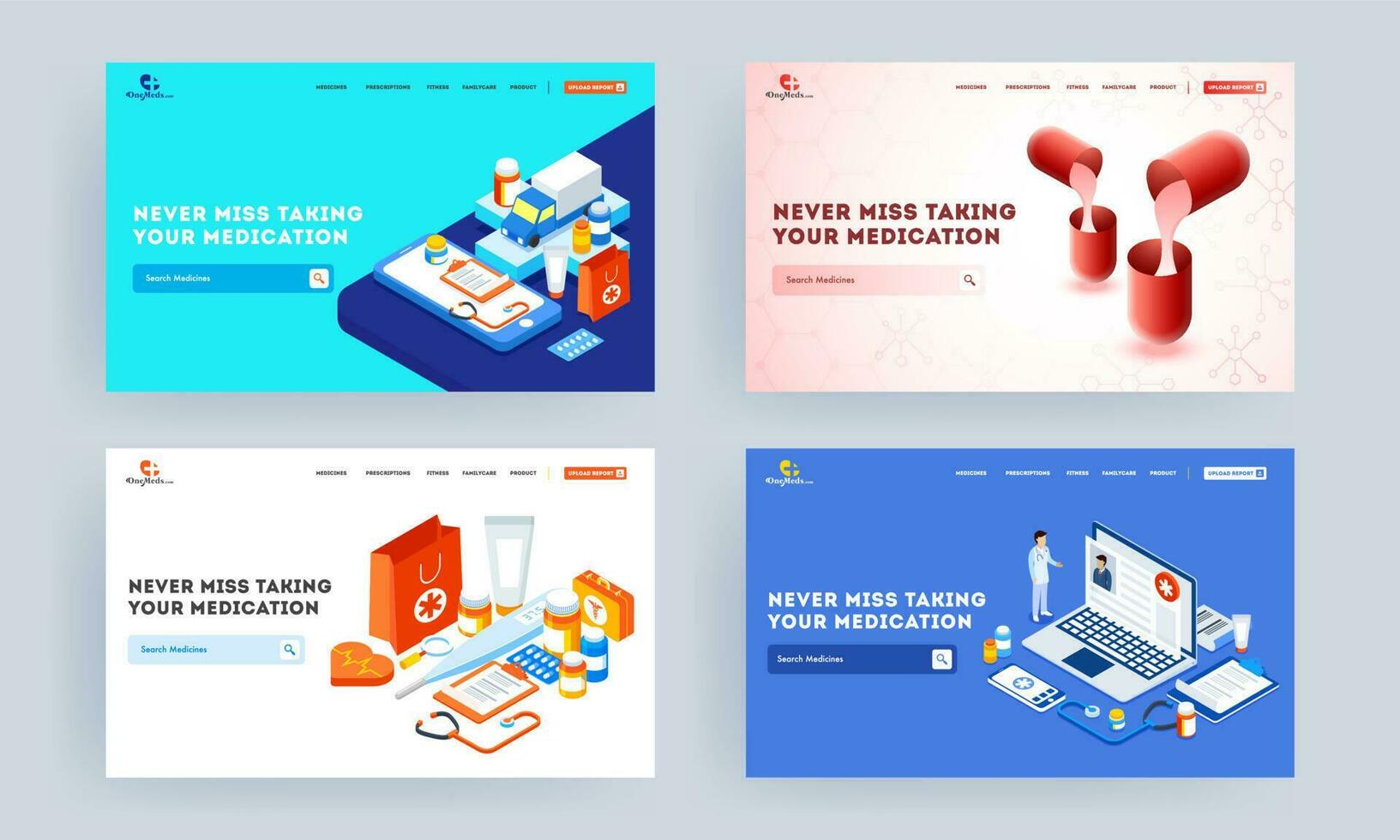Set of landing page design with illustration of smartphone, laptop and medical elements for Never Miss Taking Your Medication. vector