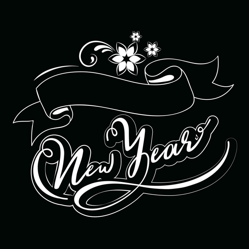 Calligraphy New Year Text with Empty Ribbon and Flowers on Black Background. vector