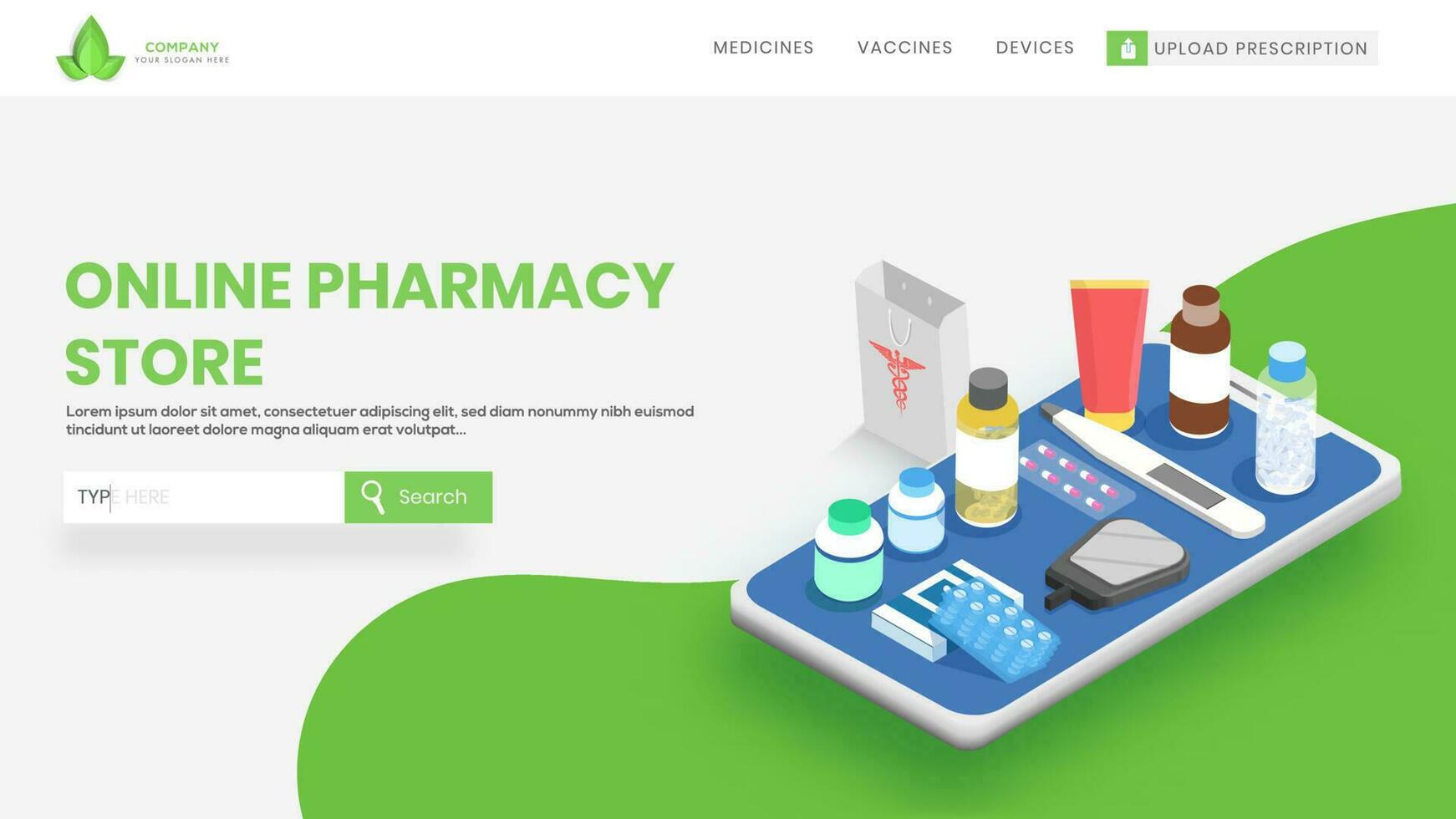 3D illustration of different medicine with thermometer and smartphone on green abstract background for Online shopping Pharmacy store concept. vector
