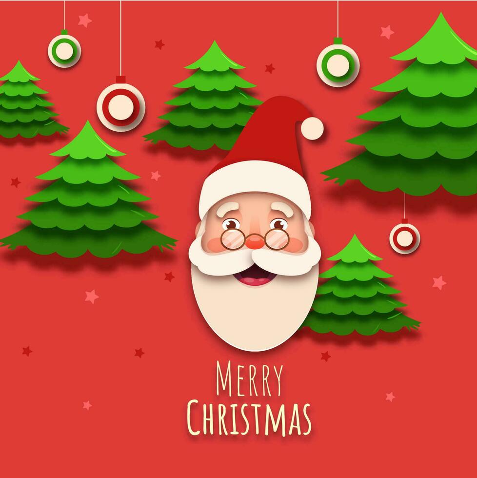 Paper Cut Style Cheerful Santa Claus Face with Xmas Trees and Hanging Baubles on Red Background for Merry Christmas Celebration. vector