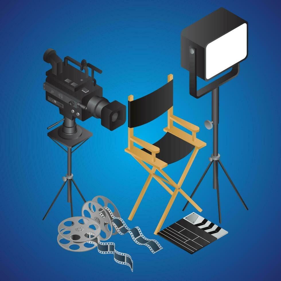 Realistic director chair with video camera, spot light, film reel and clapper on blue background. vector