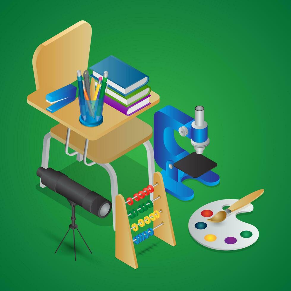 Isometric illustration of education elements like as school chair with books, microscope, telescope, abacus and drawing brush on green background. vector