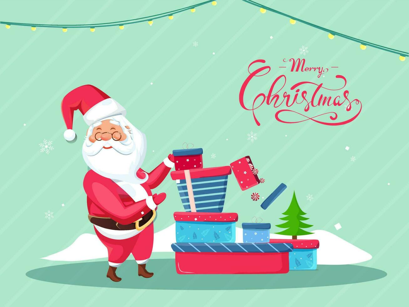 Calligraphy of Merry Christmas with santa claus presenting gift boxes and xmas tree on green strip background for celebration concept. vector