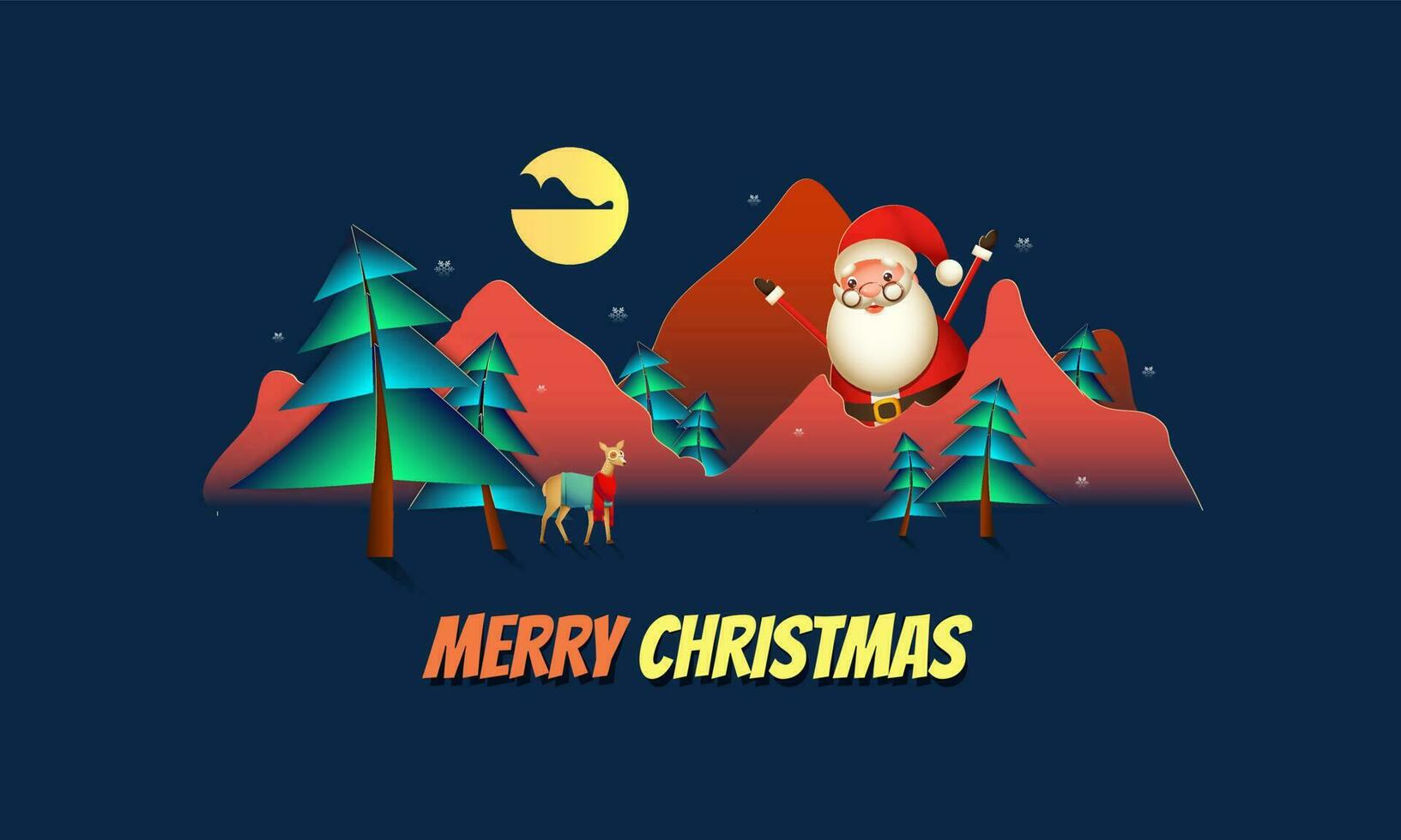 alegre Navidad celebracion saludo tarjeta diseño con contento Papa Noel claus personaje, reno y papel cortar lleno Luna naturaleza paisaje ver antecedentes. vector