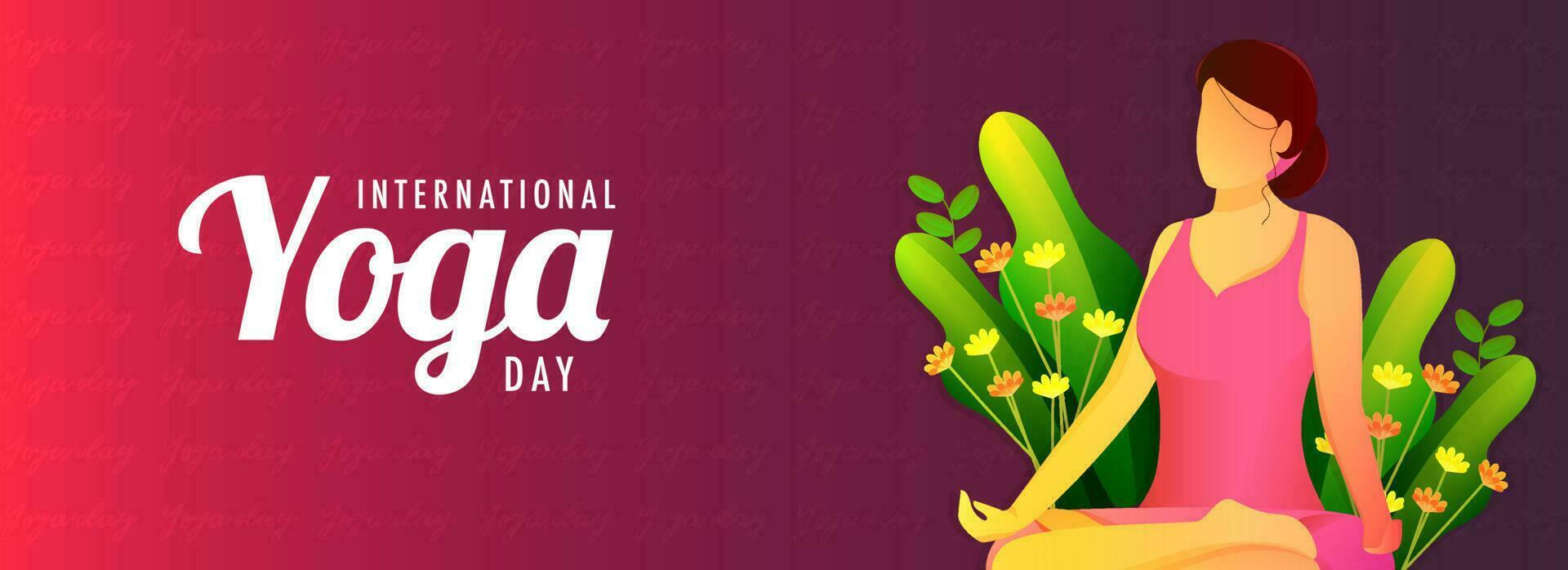 Website header or banner design for International Yoga Day. Cartoon character of a faceless woman doing meditation on red abstract background. vector