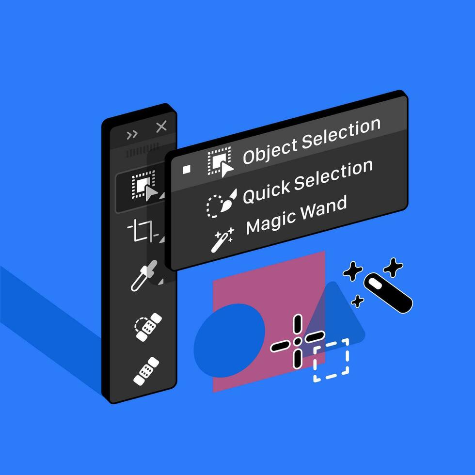 Tools Panel. Object Selection. Quick selection and Magic Wand tool. Vector illustration.