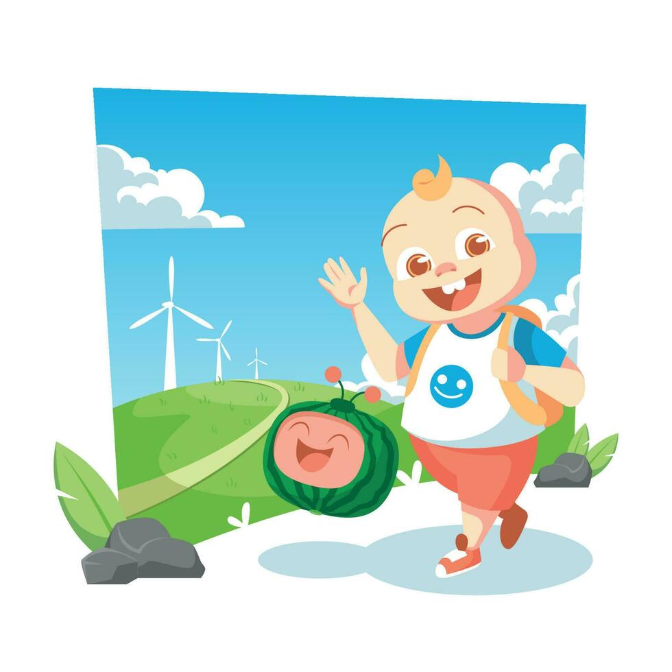 Cute Boy Walks With a Cute Watermelon Going to School vector