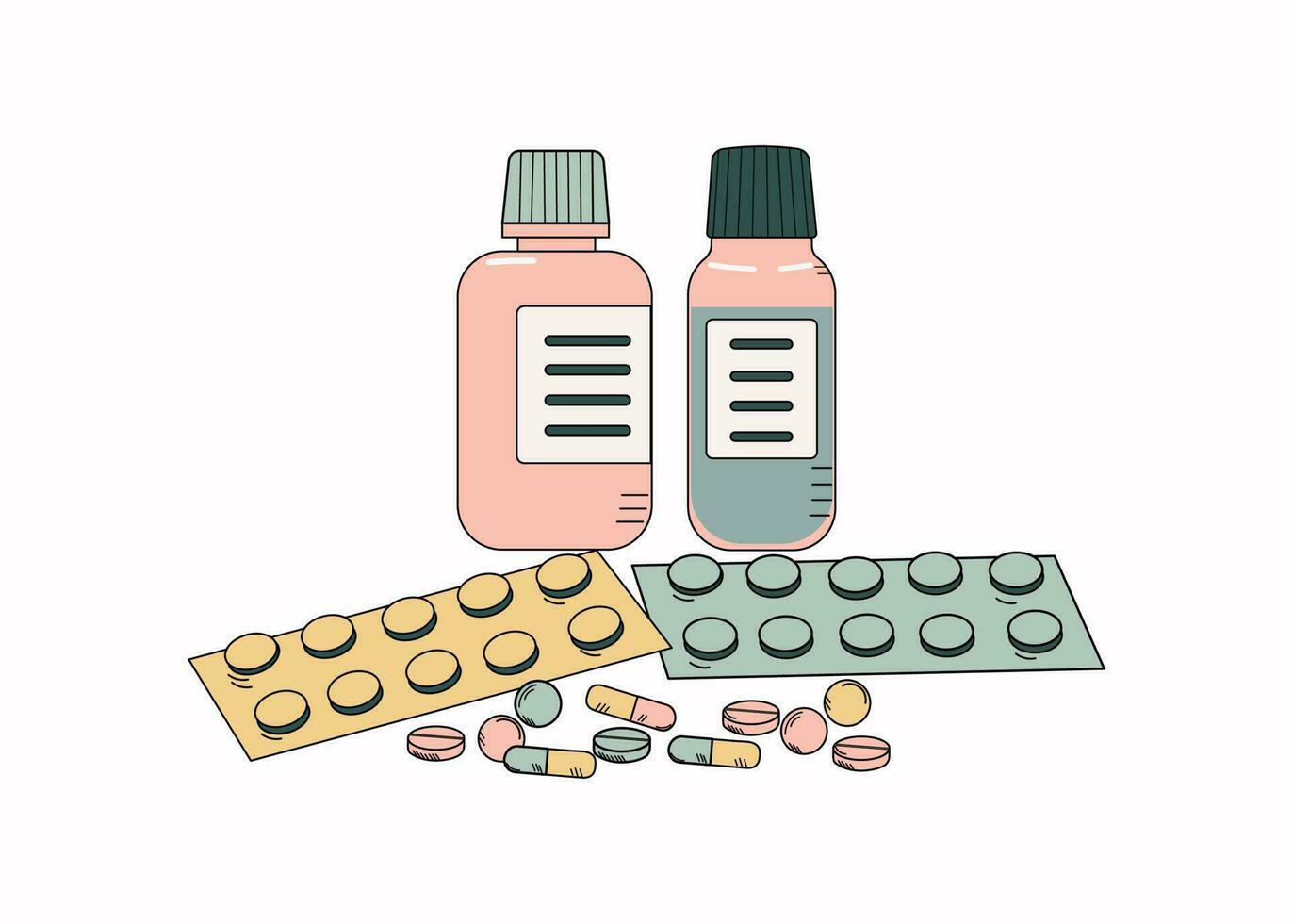 un conjunto de drogas, pastillas botellas y ampollas vitaminas tratamiento, medicamento. vector ilustración.