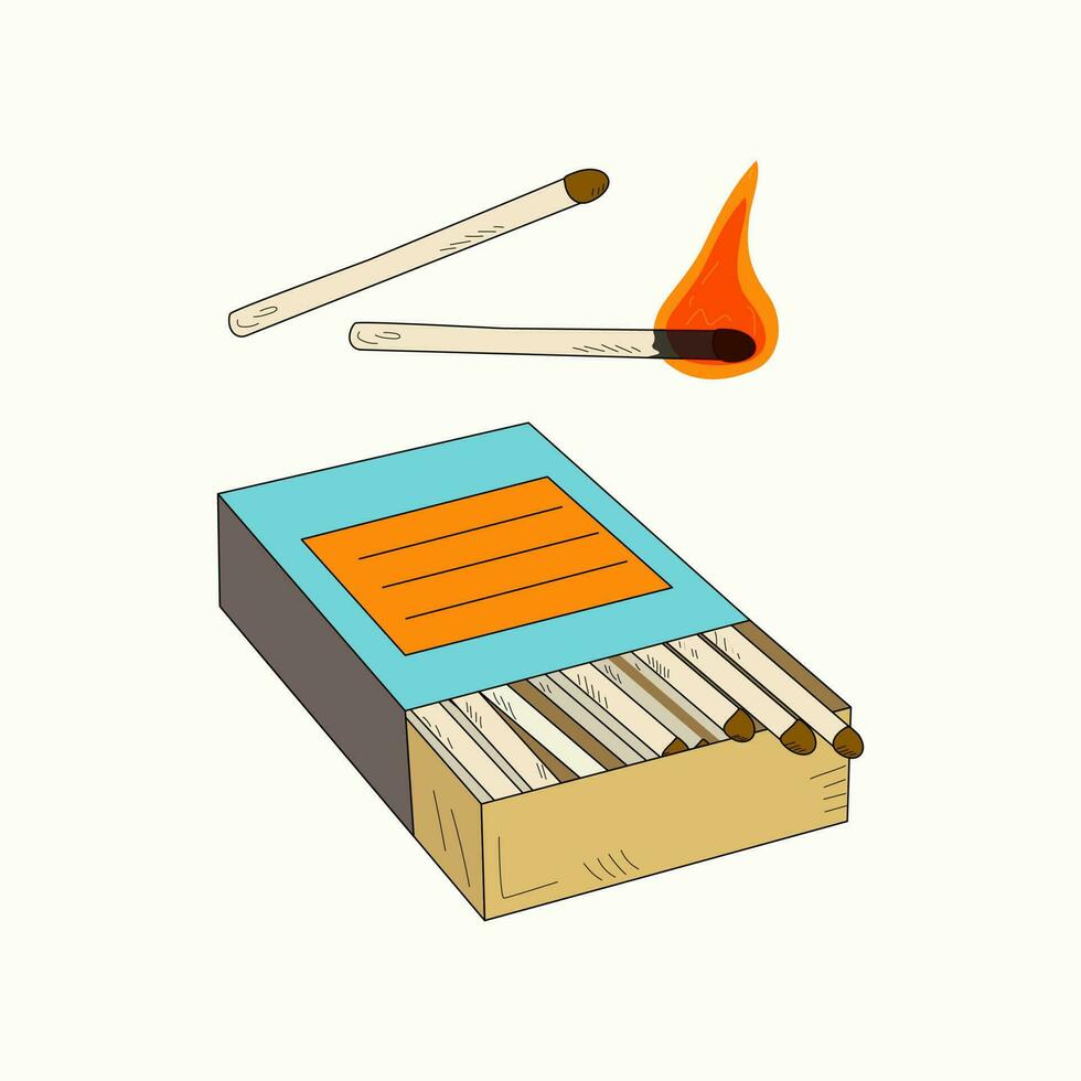 Box of matches. Burning match, fire, flame. Doodle style.   Vector illustration.