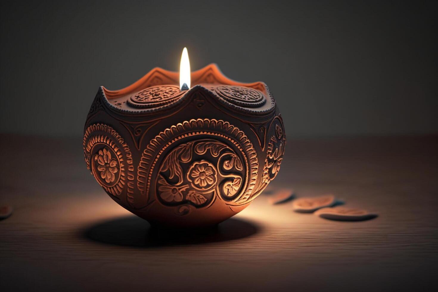 Happy diwali or deepavali traditional indian festival with clay diya oil lamp. Indian hindu festival of light symbol with candle and light. Clay diya lamp lit during diwali celebration by photo