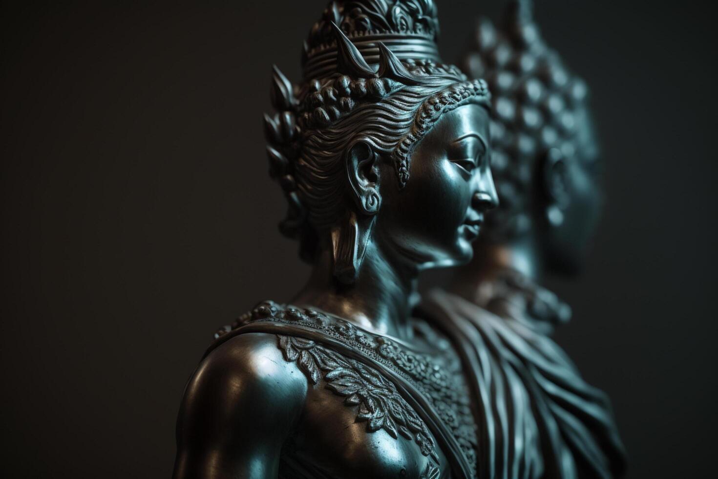 A thai buddha statue sits and meditating at buddhist temple. Ancient thailand buddha face. Background for vesak festival celebration. Vesak day concept. Vesak celebration day greetings by photo
