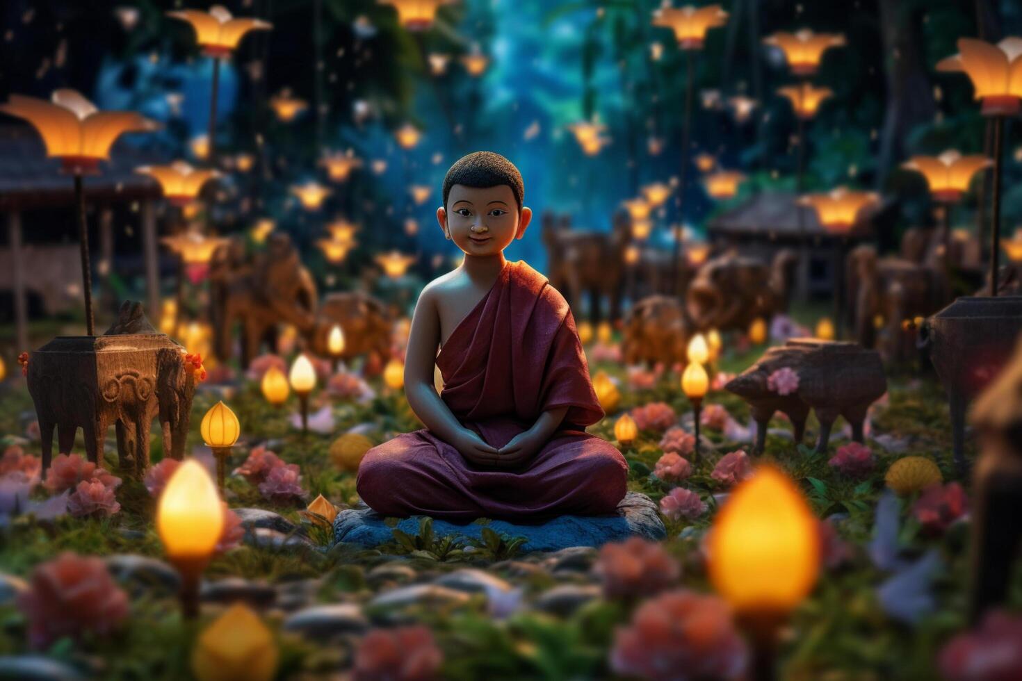A young buddha sits in a garden with a lotus and candles. Background for vesak festival celebration. Vesak day concept. Vesak celebration day greetings by photo