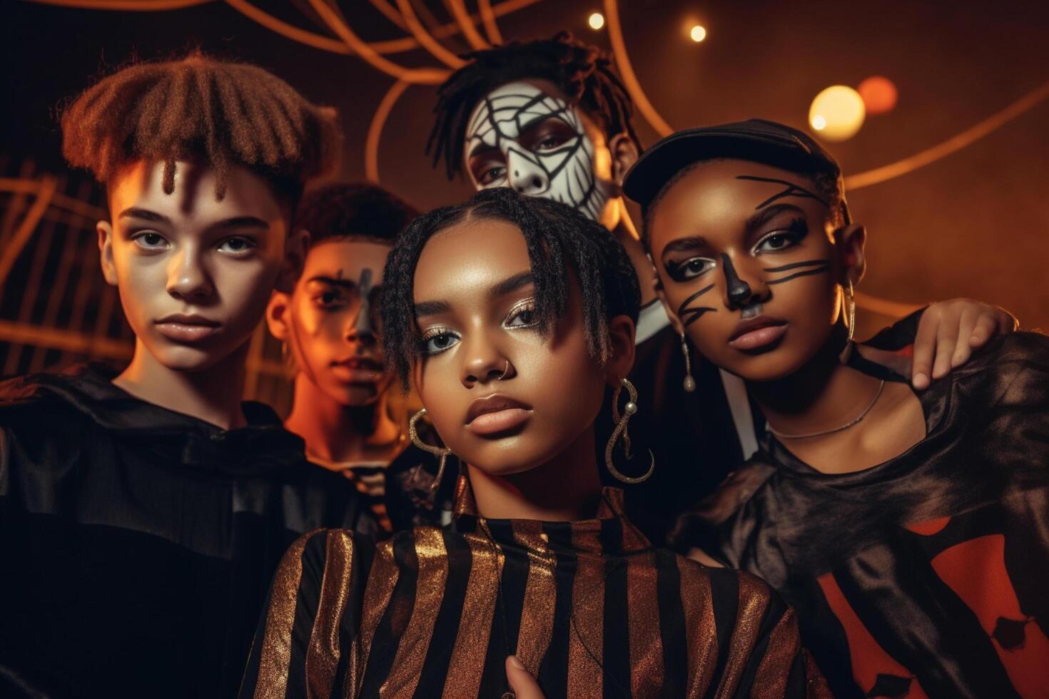 Teenagers friends in costumes celebrating and having fun at halloween party. Young people at costumes party halloween celebration concept by photo