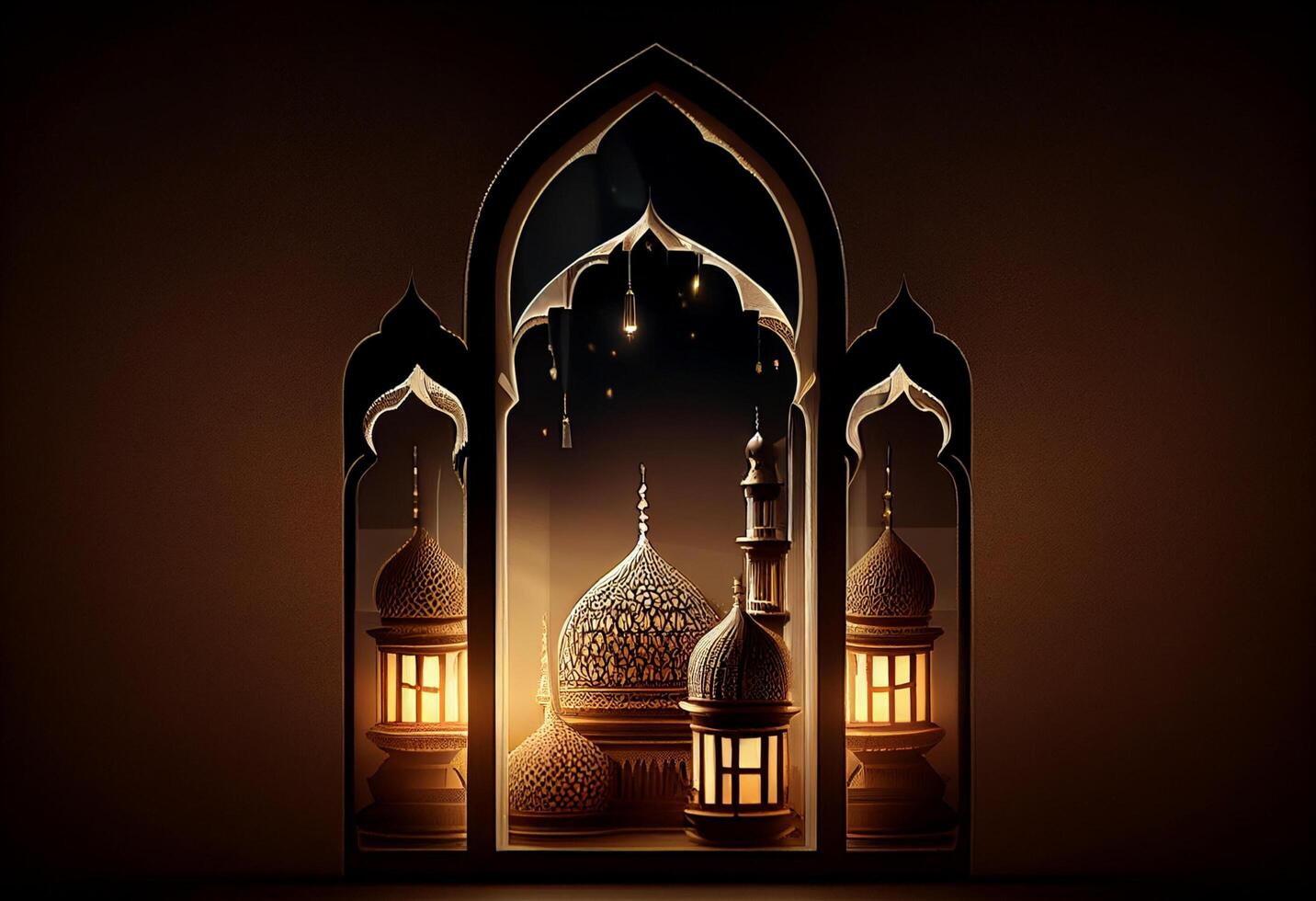 A windows depicts an islamic mosque at night with moon and lentern. In style of islamic city. Arched doorways. Eid al fitr background of window. Ramadan islamic lantern on a table by photo