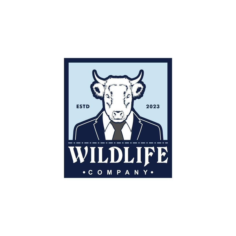 Cow Buffalo Businessman Label For Company Logo, Livestock, Film Director. Illustration of the Head of a Cow, Buffalo, Bull Wearing an Office Suit vector