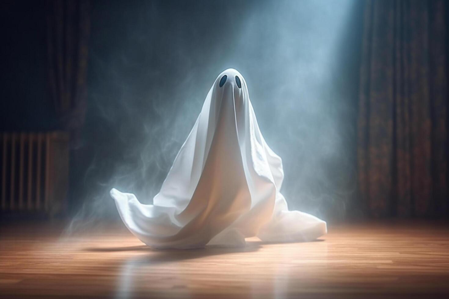 Human in spooky ghosts costume flying inside the old house or forest at night. Spooky halloween background with ghost. Ghost on halloween celebration concept by photo