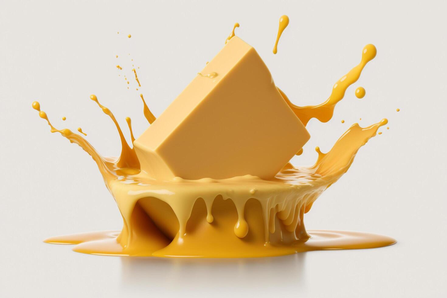 A delicious melting cheese splash in a realistic style. Hot cheese or cheddar splash. Tasty cheese liquid splash. Cheese sauce crown splash. For italian food, world cheese day, dessert by photo