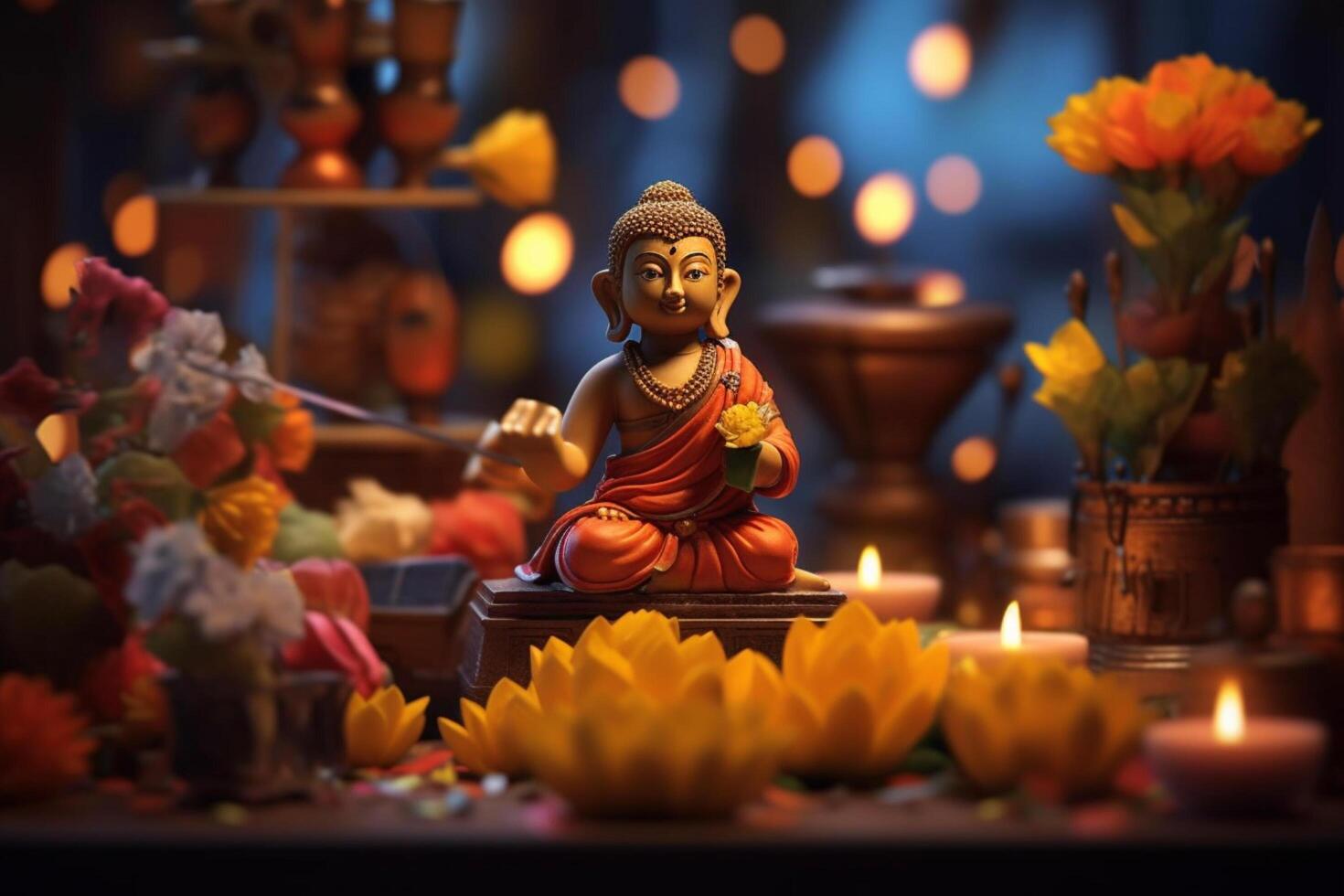 A buddha sits in a garden with a lotus and candles. Background for vesak festival celebration. Vesak day concept. Vesak celebration day greetings by photo
