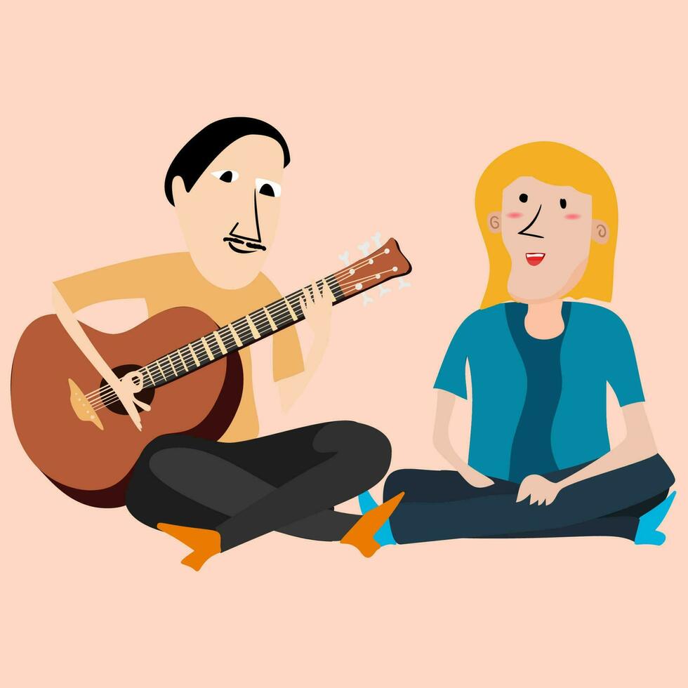 man and women playing guitar, mid century style. Hand drawn vector