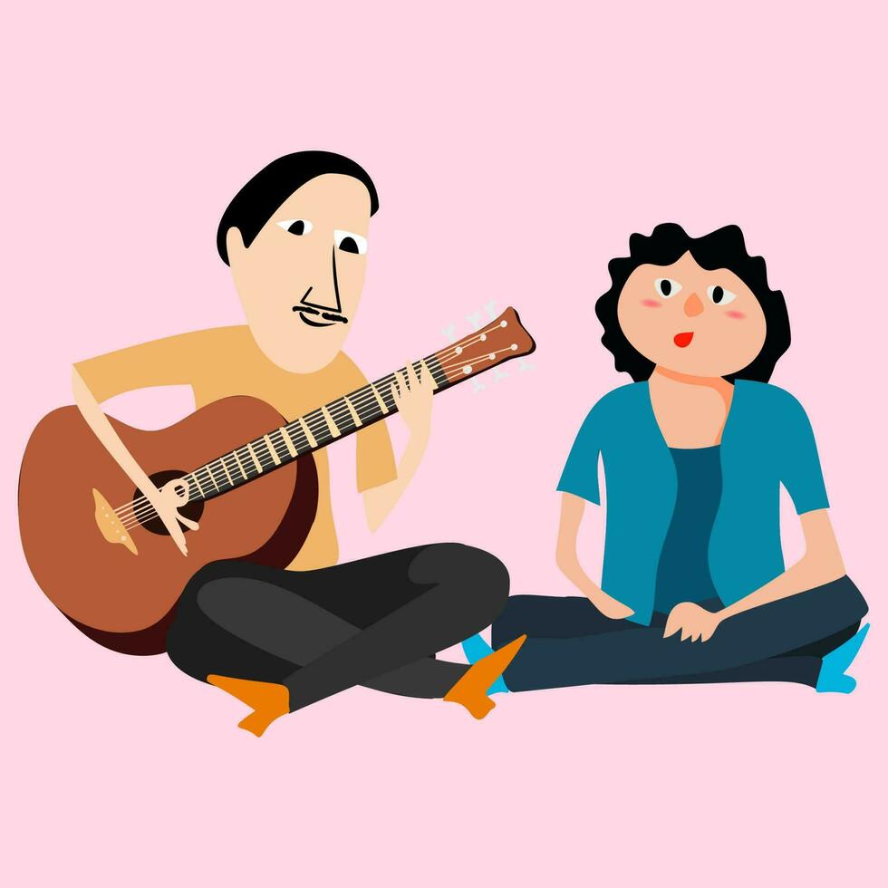 pareja, amar, jugar, romance, música, recreación concepto. romántico antiguo hombre y mujer con No niños ciudadano pensionista sentado en sofá juntos y jugando guitarra musical instrumento. contento Jubilación vector