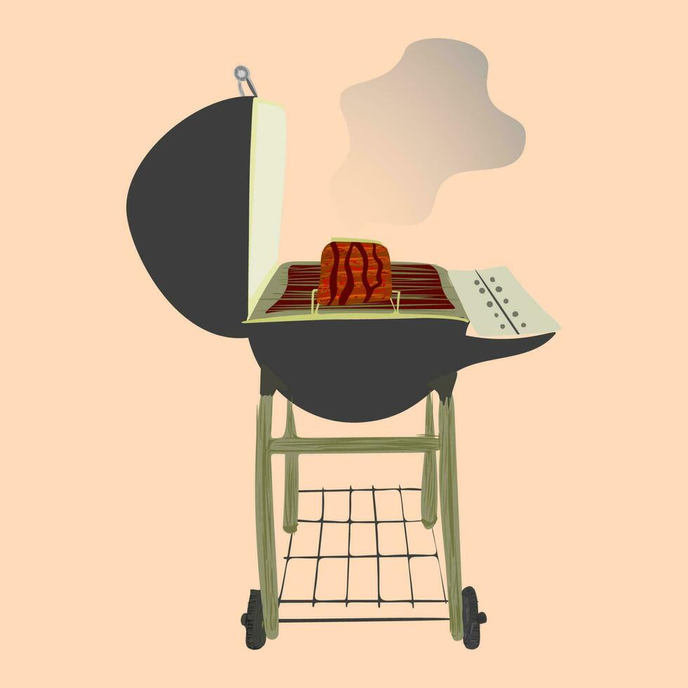 Black BBQ Grill with meat on white background. Food party icon, outdoor picnic barbecue sign. Flat vector illustration Hand drawn Clip Art