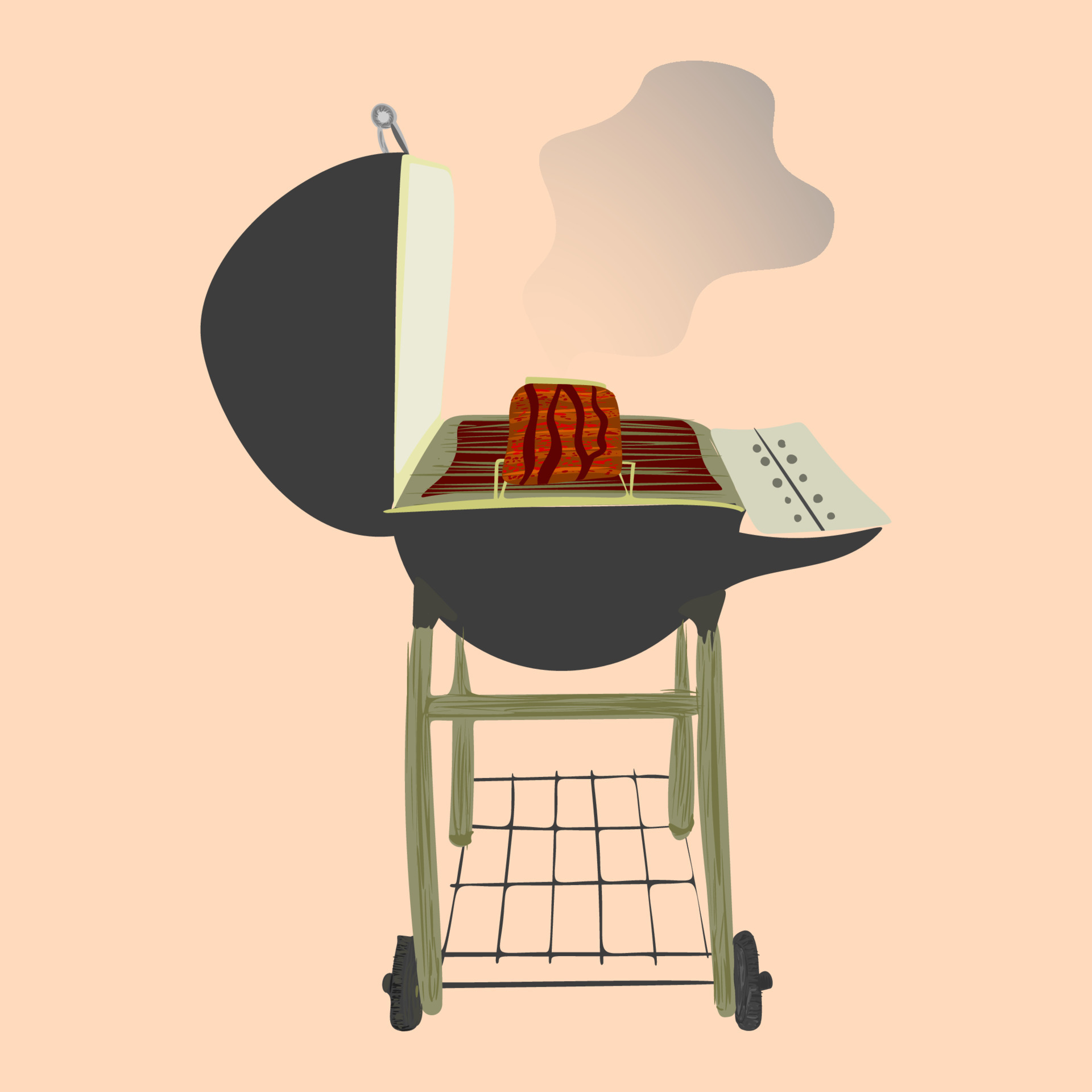 Black BBQ Grill with meat on white background. Food party icon