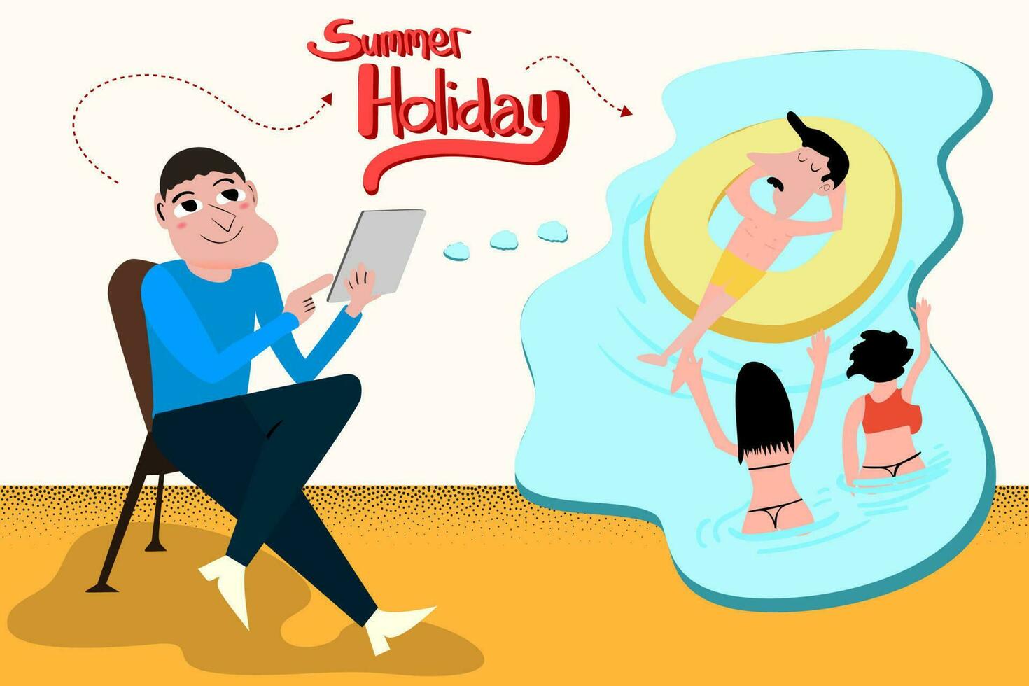 negocio hombre pensando acerca de verano fiesta vacaciones utilizando teléfono inteligente tableta artilugio. masculino personaje Sueños acerca de poder. plano vector ilustración