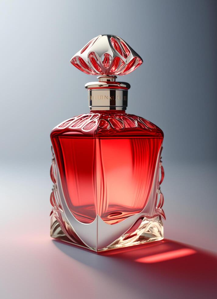 A high class bottle of glass perfume with light red liquid. Aromatic perfume bottles on white background. Beauty product, cosmetic, perfume day, fragrance day or perfume launch event by photo