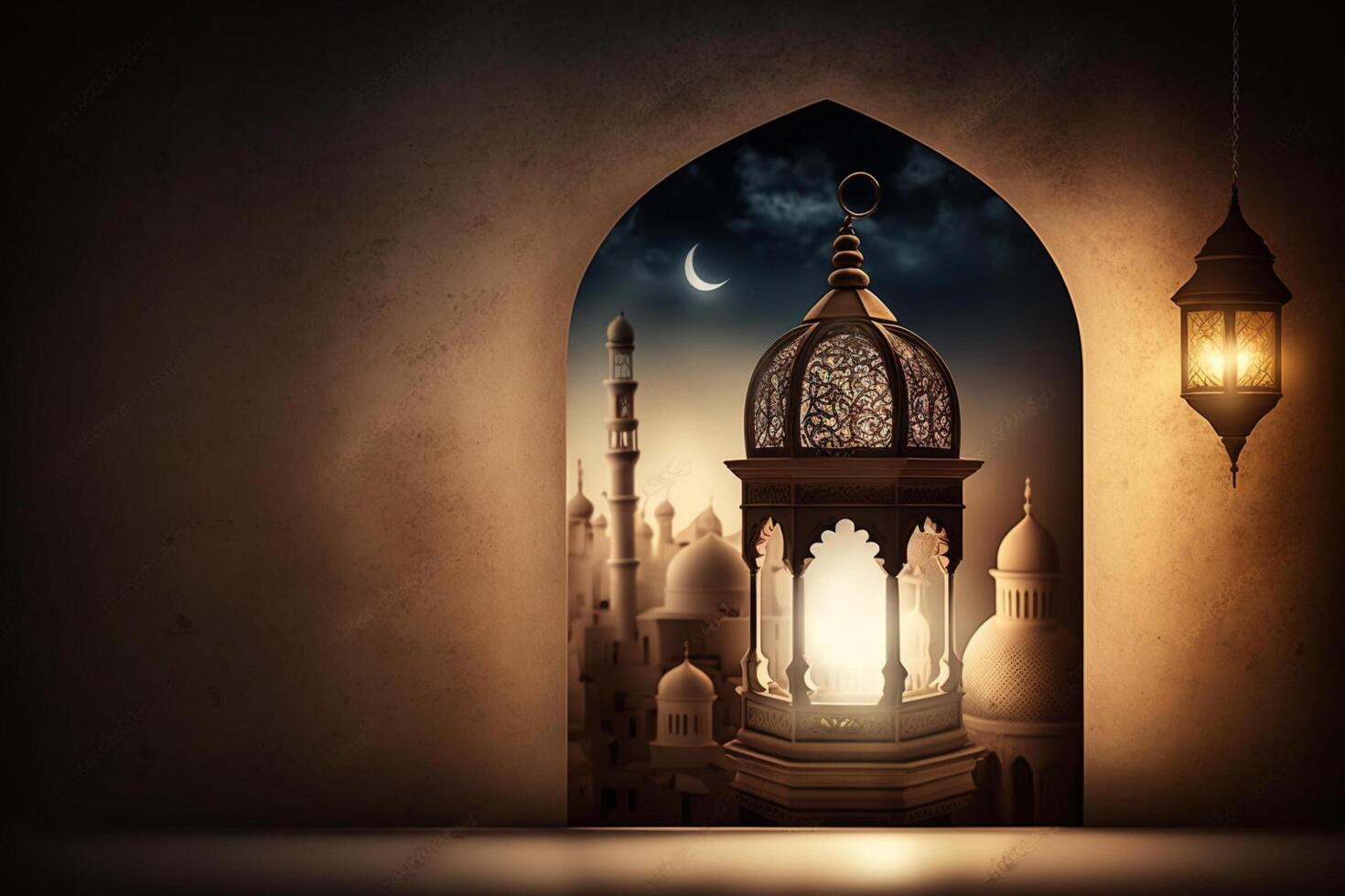 A windows depicts an islamic mosque at night with moon and lentern. In style of islamic city. Arched doorways. Eid al fitr background of window. Ramadan islamic lantern on a table by photo