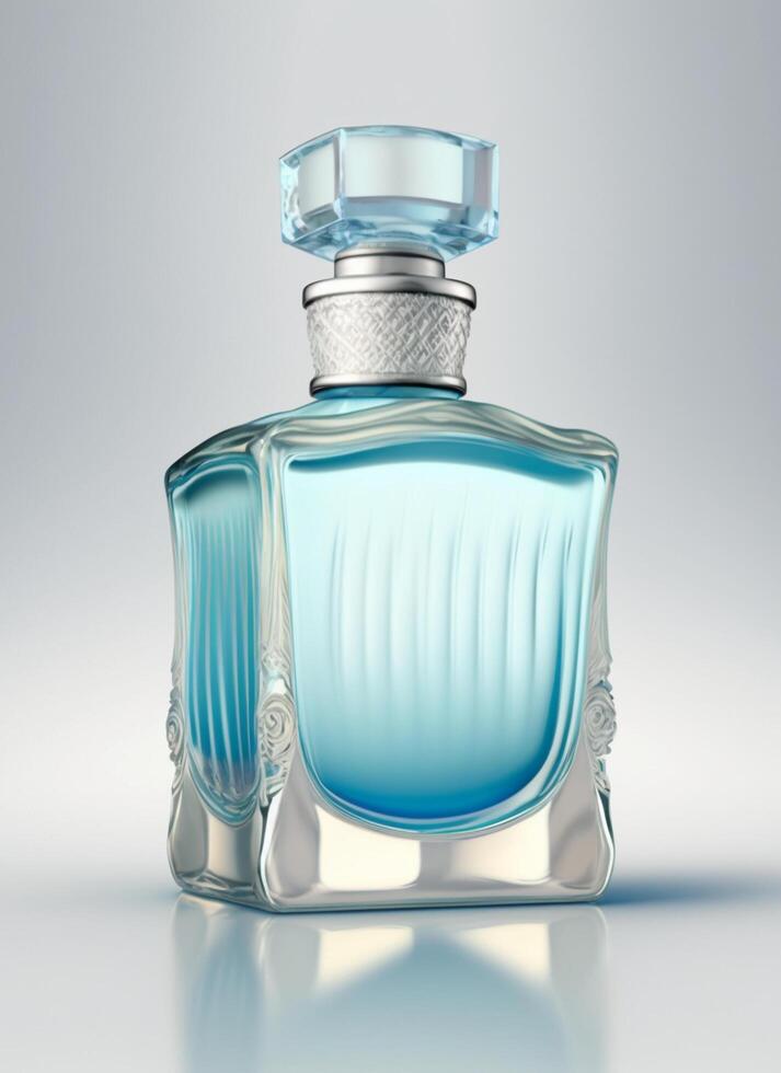 A high class bottle of glass perfume with light blue liquid. Aromatic perfume bottles on white background. Beauty product, cosmetic, perfume day, fragrance day or perfume launch event by photo